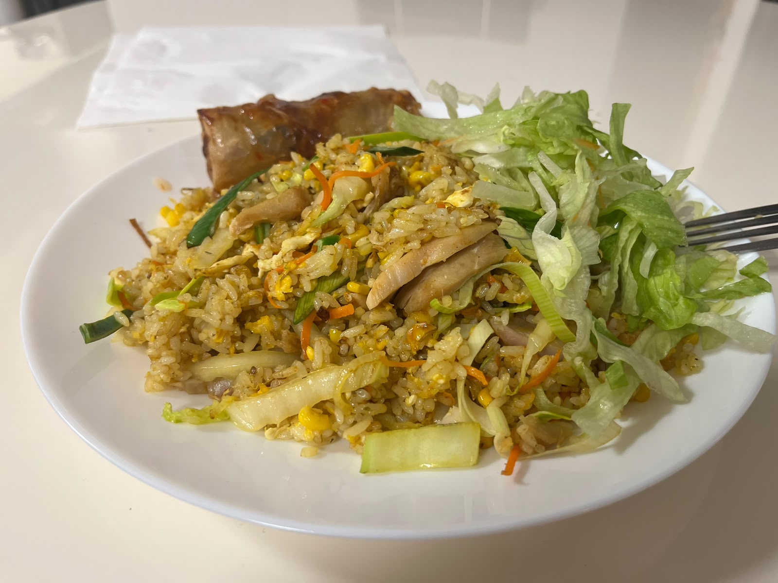 Teller mit Reis und Fleisch im Restaurant Dragon