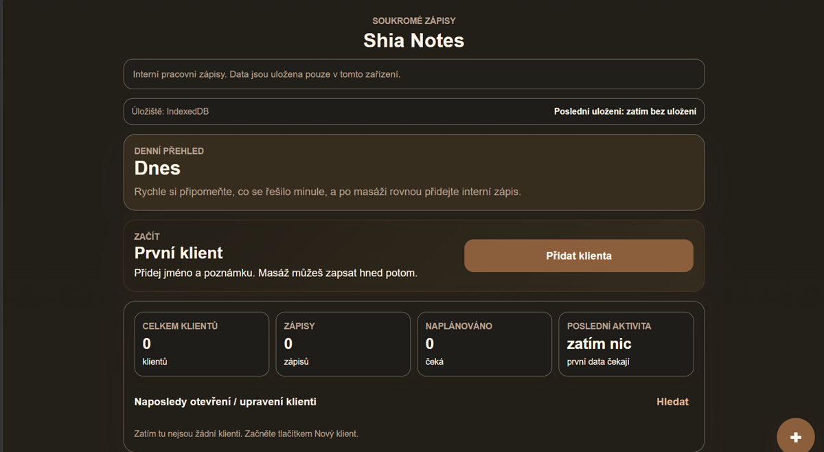 Náhled aplikace Shia Notes bez klientských dat